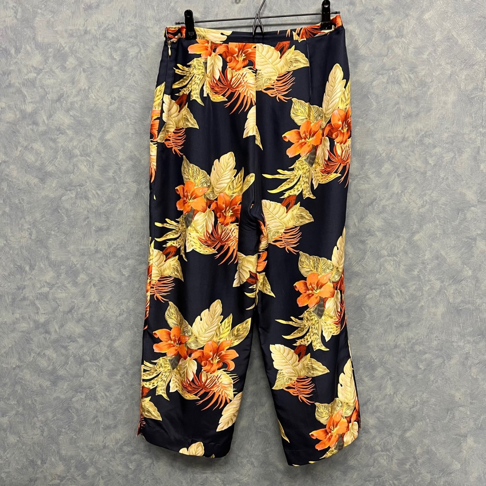 Vintage Piano Silk Floral Print High Waist Wide Leg Pants Trousers Size 10